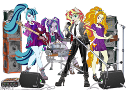 Size: 3000x2142 | Tagged: safe, alternate version, artist:ciaran, derpibooru exclusive, derpibooru import, part of a set, adagio dazzle, aria blaze, sonata dusk, sunset shimmer, anthro, pony, equestria girls, g4, rainbow rocks, amplifier, bass guitar, boots, cable, clothes, dialogue, disguise, disguised, disguised siren, dress, drum kit, drum sticks, drums, electric guitar, electric piano, female, gem, guitar, indoors, jewelry, layout, light, lyrics, microphone, musical instrument, necklace, necktie, playing instrument, ponified, pony ears, ponytail, rainbow rocks 10th anniversary, shoes, simple background, siren gem, speaker, species swap, text, white background