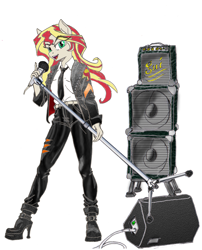 Size: 1731x2142 | Tagged: safe, alternate version, artist:ciaran, derpibooru exclusive, derpibooru import, part of a set, sunset shimmer, anthro, pony, equestria girls, g4, rainbow rocks, amplifier, boots, cable, clothes, female, gem, indoors, looking at you, microphone, necktie, open mouth, pony ears, ponytail, rainbow rocks 10th anniversary, shoes, simple background, siren gem, speaker, text, white background