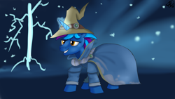 Size: 1920x1080 | Tagged: safe, artist:jbond, derpibooru import, oc, oc only, oc:darallex, pony, unicorn, bolt, clothes, commission, hat, horn, lighting, magic, magic aura, male, mantle, smiling, solo, stallion, unicorn oc