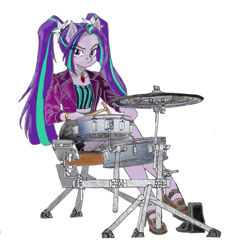 Size: 1479x1545 | Tagged: safe, artist:ciaran, derpibooru exclusive, derpibooru import, aria blaze, anthro, pony, equestria girls, g4, rainbow rocks, boots, clothes, disguise, disguised, disguised siren, dress, drum kit, drum sticks, drums, female, gem, indoors, ipad, jewelry, looking at you, musical instrument, necklace, open mouth, playing instrument, ponified, pony ears, ponytail, rainbow rocks 10th anniversary, shoes, siren gem, species swap