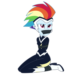 Size: 2000x2000 | Tagged: safe, artist:nie-martw-sie-o-mnie, derpibooru import, rainbow dash, zapp, human, equestria girls, g4, movie magic, bondage, boots, bound and gagged, dashsub, equestria girls specials, female, femsub, gag, high heel boots, kneeling, power ponies, shoes, simple background, solo, submissive, tape, tape bondage, tape gag, transparent background