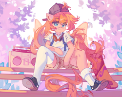 Size: 4401x3502 | Tagged: safe, artist:saxopi, derpibooru import, oc, oc only, pegasus, semi-anthro, backpack, baseball cap, boombox, cap, female, hat, headphones, high res, looking at you, sitting, skateboard, smiling, solo, tomboy