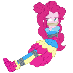 Size: 2000x2000 | Tagged: safe, artist:nie-martw-sie-o-mnie, derpibooru import, pinkie pie, human, better together, equestria girls, five lines you need to stand in, g4, bondage, bound and gagged, cloth gag, female, femsub, gag, music festival outfit, pinkiesub, simple background, sitting, solo, submissive, tape, tape bondage, transparent background