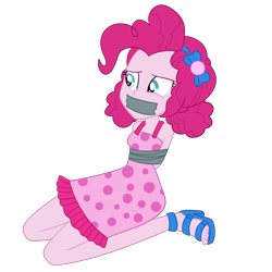 Size: 2000x2000 | Tagged: safe, artist:nie-martw-sie-o-mnie, derpibooru import, pinkie pie, human, equestria girls, g4, spring breakdown, arm behind back, bondage, bound and gagged, cruise outfit, equestria girls specials, female, femsub, gag, high heels, kneeling, pinkiesub, polka dots, shoes, simple background, solo, submissive, tape, tape bondage, tape gag, transparent background