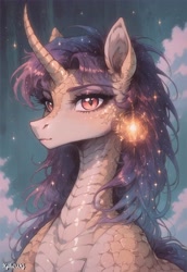 Size: 3840x5568 | Tagged: safe, ai content, alternate version, derpibooru import, generator:pony diffusion v6 xl, generator:stable diffusion, machine learning generated, oc, oc only, dragon, hybrid, pony, ear piercing, earring, eyelashes, eyeshadow, female, horn, jewelry, looking at you, makeup, piercing, prompter:xyiloiwg, scales, sign, slit eyes, smiling, smiling at you, solo