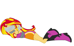 Size: 2500x1576 | Tagged: safe, artist:nie-martw-sie-o-mnie, derpibooru import, sunset shimmer, human, equestria girls, g4, rainbow rocks, arm behind back, blindfold, bondage, boots, bound and gagged, clothes, female, femsub, gag, lying down, on side, shoes, simple background, skirt, solo, submissive, subset, tape, tape bondage, tape gag, transparent background