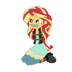 Size: 2500x2500 | Tagged: safe, artist:nie-martw-sie-o-mnie, derpibooru import, sunset shimmer, human, equestria girls, friendship games, g4, angry, arm behind back, bondage, boots, bound and gagged, clothes, female, femsub, gag, jacket, kneeling, rope, rope bondage, shoes, simple background, solo, submissive, subset, tape, tape gag, transparent background