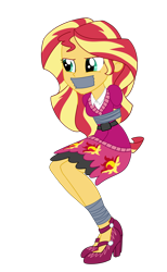 Size: 2000x3250 | Tagged: safe, artist:nie-martw-sie-o-mnie, derpibooru import, sunset shimmer, human, equestria girls, friendship games, g4, bondage, bound and gagged, female, femsub, gag, high heels, school spirit, shoes, simple background, sitting, solo, submissive, subset, tape, tape bondage, tape gag, transparent background