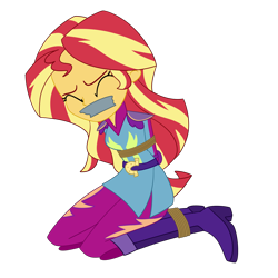 Size: 2500x2500 | Tagged: safe, artist:nie-martw-sie-o-mnie, derpibooru import, sunset shimmer, human, equestria girls, friendship games, g4, bondage, boots, bound and gagged, eyes closed, female, femsub, gag, high heel boots, kneeling, motocross outfit, rope, rope bondage, shoes, simple background, solo, submissive, subset, tape, tape gag, transparent background