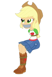 Size: 2000x2981 | Tagged: safe, artist:nie-martw-sie-o-mnie, derpibooru import, applejack, human, better together, equestria girls, g4, applesub, bondage, boots, bound and gagged, clothes, cowboy boots, cowboy hat, female, femsub, freckles, gag, hat, queen of clubs, rope, rope bondage, shoes, simple background, sitting, skirt, solo, submissive, tape, tape gag, transparent background