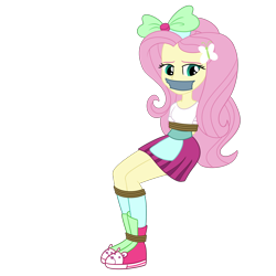 Size: 2000x2000 | Tagged: safe, artist:nie-martw-sie-o-mnie, derpibooru import, fluttershy, human, equestria girls, g4, bondage, bound and gagged, butterfly hairpin, clothes, female, femsub, fluttersub, gag, rope, rope bondage, simple background, sitting, skirt, solo, submissive, tape, tape gag, transparent background