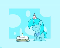 Size: 1200x960 | Tagged: safe, artist:dysmal, derpibooru import, oc, oc only, oc:crumane, unicorn, abstract background, birthday, cake, candle, clothes, food, hat, horn, party hat, solo