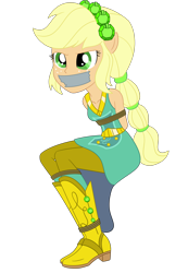 Size: 2000x2890 | Tagged: safe, artist:nie-martw-sie-o-mnie, derpibooru import, applejack, human, equestria girls, g4, arm behind back, bare shoulders, bondage, boots, bound and gagged, clothes, cowboy boots, crystal guardian, gag, high heel boots, shirt, shoes, simple background, sleeveless, sleeveless shirt, solo, tape, tape gag, transparent background