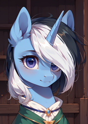 Size: 1776x2496 | Tagged: safe, ai content, derpibooru import, machine learning generated, oc, oc only, oc:river swirl, pony, unicorn, equestria at war mod, bust, clothes, female, horn, looking at you, mare, portrait, prompter:bluetoothworld, solo