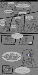 Size: 2200x4377 | Tagged: safe, artist:somber, derpibooru import, oc, oc only, oc:gaela, oc:sapphire horizons, griffon, comic:birds and caps, fallout equestria, comic, female, monochrome