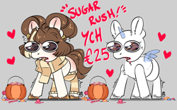 Size: 4000x2500 | Tagged: safe, artist:bananasplitedy, derpibooru import, oc, oc:bananasplit, unicorn, advertisement, bucktooth, candy, clothes, commission, drool, food, freckles, horn, pumpkin bucket, scarf, socks, striped socks, unicorn oc, your character here