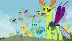 Size: 1000x563 | Tagged: safe, artist:fearlescriss, derpibooru import, edit, edited screencap, screencap, clypeus, cornicle, soupling, thorax, changedling, changeling, g4, to change a changeling, angry, antlers, arista, frenulum (g4), king thorax, lokiax