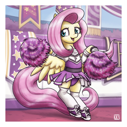 Size: 3000x3000 | Tagged: safe, artist:king-kakapo, derpibooru import, part of a set, fluttershy, pegasus, pony, art pack:cheerleader art pack, g4, banner, bipedal, cheerleader, cheerleader outfit, clothes, female, high res, looking at you, midriff, pleated skirt, pom pom, purple panties, shoes, skirt, skirt lift, sneakers, socks, solo, stadium, thigh highs, underwear, upskirt