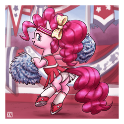 Size: 3000x3000 | Tagged: safe, artist:king-kakapo, derpibooru import, part of a set, pinkie pie, earth pony, pony, art pack:cheerleader art pack, g4, banner, bipedal, bow, butt, cheerleader, cheerleader outfit, clothes, female, hair bow, headband, high res, looking at you, looking back, looking back at you, midriff, panties, pleated skirt, pom pom, shoes, skirt, skirt lift, sneakers, socks, solo, stadium, underwear, upskirt