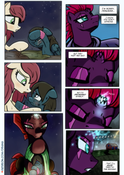 Size: 2480x3508 | Tagged: safe, artist:dsana, derpibooru import, fizzlepop berrytwist, tempest shadow, oc, oc:lullaby dusk, oc:thistledown, earth pony, pegasus, pony, unicorn, comic:a storm's lullaby, female, filly, foal, horn, mare, memories