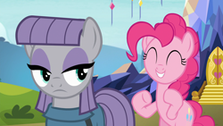 Size: 1920x1080 | Tagged: safe, derpibooru import, screencap, maud pie, pinkie pie, earth pony, pony, g4, rock solid friendship, duo, duo female, female, outdoors, siblings, sisters, twilight's castle