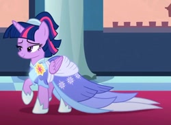 Size: 1122x819 | Tagged: safe, derpibooru import, screencap, twilight sparkle, twilight sparkle (alicorn), alicorn, pony, g4, the last problem, bedroom eyes, canterlot, canterlot castle, carpet, castle, clothes, coronation dress, cropped, dress, elegant, evening, female, gown, pillar, raised hoof, raised leg, red carpet, regal, sash, second coronation dress, solo