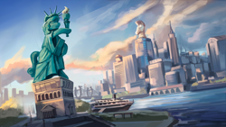 Size: 3840x2160 | Tagged: safe, artist:kelkessel, derpibooru import, equestria at war mod, g4, boat, city, cloud, crystaller building, manehattan, scenery, scenery porn, skyline, statue, statue of friendship, statue of liberty