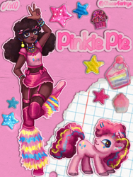 Size: 1536x2048 | Tagged: safe, artist:chaos4cringe, derpibooru import, pinkie pie, earth pony, human, pony, g4, alternate hairstyle, bracelet, cake, clothes, converse, cupcake, cute, dark skin, diapinkes, dress, ear piercing, earring, female, fishnet clothing, food, humanized, jewelry, leg warmers, mare, midriff, nail polish, natural hair color, necklace, piercing, shoes, solo, stars, stockings, thigh highs, unshorn fetlocks