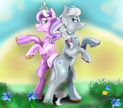 Size: 2844x2500 | Tagged: safe, artist:gabbygums21, derpibooru import, diamond tiara, silver spoon, earth pony, bipedal, duo, female, filly, foal, looking at each other, looking at someone, smiling, smirk, unshorn fetlocks