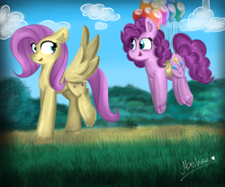 Size: 4208x3507 | Tagged: safe, artist:mashee, derpibooru import, clear sky, fluttershy, pinkie pie, earth pony, pegasus, pony, g4, adorable face, balloon, blush lines, blushing, cloud, colored, cute, floating, grass, happy, looking at each other, looking at someone, looking at you, looking back, nature, original art, original style, walking