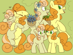 Size: 1200x900 | Tagged: safe, artist:php193, derpibooru import, carrot top, golden harvest, junebug, earth pony, g4, carrot, cuddling, curly hair, curly mane, cute, duo, duo female, female, flower, flower basket, flower in hair, food, green eyes, wholesome