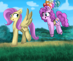 Size: 4208x3507 | Tagged: safe, artist:mashee, derpibooru import, clear sky, fluttershy, pinkie pie, earth pony, pegasus, pony, g4, adorable face, balloon, blush lines, blushing, cloud, cute, floating, grass, happy, lineart, looking at each other, looking at someone, looking at you, looking back, nature, original art, original style, walking