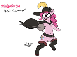 Size: 3644x2731 | Tagged: safe, artist:datzigga, derpibooru import, pinkie pie, earth pony, pony, belt, boots, cape, clothes, mask, pinktober, puss in boots, shoes, solo