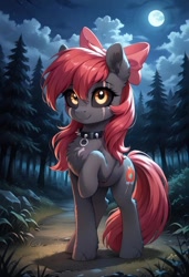 Size: 800x1169 | Tagged: safe, ai content, derpibooru import, generator:pony diffusion v6 xl, generator:stable diffusion, machine learning generated, apple bloom, earth pony, pony, undead, zombie, zombie pony, g4, apple bloom's bow, black sclera, blanked apple bloom, bow, chest fluff, collar, eye scar, facial scar, female, forest, full moon, hair bow, mare, moon, nature, night, outdoors, prompter:gregorymars, scar, solo, spiked collar, story of the blanks, tree