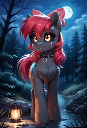 Size: 800x1169 | Tagged: safe, ai content, derpibooru import, generator:pony diffusion v6 xl, generator:stable diffusion, machine learning generated, apple bloom, earth pony, pony, undead, zombie, zombie pony, g4, apple bloom's bow, black sclera, blanked apple bloom, bow, chest fluff, collar, eye scar, facial scar, female, forest, full moon, hair bow, lantern, mare, moon, nature, night, outdoors, prompter:gregorymars, scar, solo, spiked collar, story of the blanks, tree