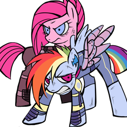 Size: 4252x4252 | Tagged: safe, artist:qianhe498, artist:qianjibahe, derpibooru import, pinkie pie, rainbow dash, earth pony, pegasus, pony, g4, alternate hairstyle, alternate timeline, amputee, apinkalypse pie, apocalypse dash, artificial wings, augmented, crystal war timeline, female, gritted teeth, mare, pinkamena diane pie, prosthetic limb, prosthetic wing, prosthetics, simple background, spread wings, teeth, torn ear, wings