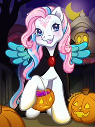 Size: 1800x2400 | Tagged: safe, artist:sparkytopia, derpibooru import, star catcher, pegasus, pony, g3, candy, cape, clothes, colored wings, costume, facial markings, fangs, female, food, halloween, halloween costume, holiday, jack-o-lantern, looking at you, mare, night, open mouth, open smile, outdoors, pumpkin, signature, smiling, solo, spread wings, vampire costume, wings, ych example, your character here