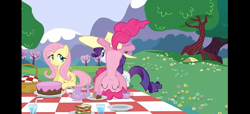 Size: 1289x590 | Tagged: safe, derpibooru import, screencap, fluttershy, pinkie pie, rarity, earth pony, pegasus, pony, unicorn, g4, cake, cartwheel, cup, female, food, horn, picnic, pillarboxing, sandwich, teacup, teapot, trio, upside down