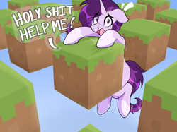 Size: 4566x3408 | Tagged: safe, artist:czu, derpibooru import, oc, oc:czupone, pony, unicorn, block, dialogue, dirt, emanata, grass, hanging, help, horn, meme, minecraft, open mouth, parkour civilization, solo, vulgar