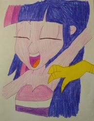 Size: 2934x3805 | Tagged: safe, artist:aa68., derpibooru import, discord, twilight sparkle, draconequus, human, equestria girls, g4, armpit tickling, armpits, arms in the air, duo, duo male and female, eyes closed, female, hands in the air, laughing, male, open mouth, simple background, tickle torture, tickling, traditional art, white background