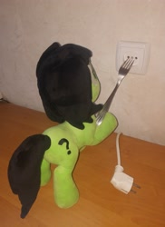 Size: 2716x3732 | Tagged: safe, derpibooru import, photographer:anonymous, oc, oc only, oc:anon filly, pony, g4, /mppp/, cable, electrical outlet, female, female oc, filly, filly oc, foal, fork, imminent electrocution, indoors, irl, on table, photo, plushie, pony oc, pony plushie, power plug, solo, this may end in death, this will end in death, this will end in electrocution, too dumb to live