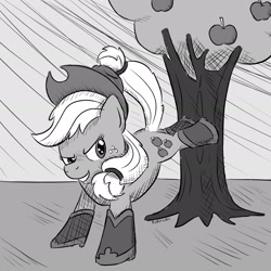 Size: 1920x1920 | Tagged: safe, artist:_butterscotch, derpibooru exclusive, derpibooru import, applejack, earth pony, pony, apple, apple tree, applebucking, applejack's hat, boots, clothes, cowboy hat, crosshatch, food, hat, inktober, inktober 2024, monochrome, shoes, tree