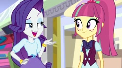 Size: 1280x718 | Tagged: safe, derpibooru import, screencap, rarity, sour sweet, human, dance magic, equestria girls, g4, belt, clothes, crystal prep academy uniform, duo, duo female, equestria girls specials, female, hand on hip, school uniform, shirt, skirt