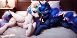 Size: 2048x1024 | Tagged: safe, ai content, derpibooru import, machine learning generated, princess celestia, princess luna, alicorn, pony, g4, anonymous prompter, bed, chest fluff, cute, cutelestia, desk lamp, duo, duo female, ear fluff, ears, female, fluffy, indoors, lunabetes, lying down, pillow, prone