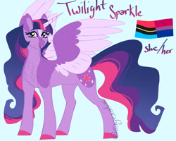 Size: 1000x800 | Tagged: safe, artist:satyrsong99, derpibooru import, part of a set, twilight sparkle, twilight sparkle (alicorn), alicorn, pony, g4, alternate design, alternate eye color, alternate hairstyle, alternate tailstyle, bangs, bilight sparkle, bisexual pride flag, blaze (coat marking), blue background, chest fluff, coat markings, colored, colored ears, colored eyelashes, colored hooves, colored horn, colored lineart, colored wings, colored wingtips, concave belly, countershading, cyan background, description at source, ear fluff, ears, ethereal mane, ethereal tail, facial markings, flat colors, golden eyes, hooves, horn, long horn, long mane, long tail, looking at you, open mouth, open smile, partially open wings, pink hooves, polyamory pride flag, pride, pride flag, pronouns, purple eyelashes, purple text, purple wings, simple background, smiling, smiling at you, solo, standing, tail, thick eyelashes, three quarter view, two toned wings, unicorn horn, watermark, wings