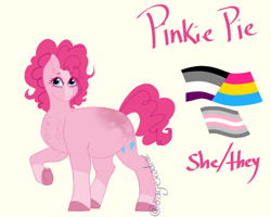 Size: 1000x800 | Tagged: safe, artist:satyrsong99, derpibooru import, part of a set, pinkie pie, earth pony, pony, g4, alternate design, alternate hairstyle, anatomically incorrect, asexual pride flag, blaze (coat marking), chest fluff, chubby, coat markings, colored, colored eyelashes, colored hooves, colored lineart, colored muzzle, curly hair, curly mane, curly tail, demigirl, demigirl pride flag, description at source, ear fluff, ears, eyebrows, eyebrows visible through hair, eyelashes, facial markings, flat colors, hooves, incorrect leg anatomy, leg markings, looking at you, pale muzzle, pansexual pride flag, pink eyelashes, pink text, pride, pride flag, pronouns, raised hoof, raised leg, simple background, smiling, smiling at you, snip (coat marking), socks (coat marking), solo, standing on three hooves, tail, three quarter view, underhoof, watermark, yellow background