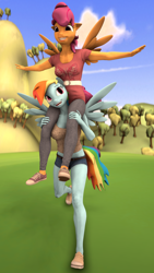 Size: 2160x3840 | Tagged: safe, artist:~stuffguy123, derpibooru import, rainbow dash, scootaloo, anthro, plantigrade anthro, 3d, arms in the air, clothes, cloud, duo, female, field, happy, hill, older, piggyback ride, running, sibling love, siblings, sisterly love, sisters, source filmmaker, spread wings, tree, wings