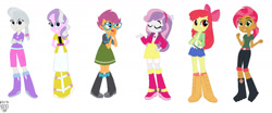 Size: 1280x532 | Tagged: safe, artist:xxdavid5000xx, derpibooru import, apple bloom, babs seed, diamond tiara, scootaloo, silver spoon, sweetie belle, equestria girls, g4, belt, boots, clothes, cutie mark crusaders, denim, high heel boots, jeans, pants, shirt, shoes, simple background, skirt, white background