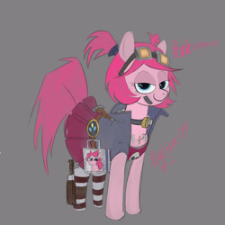 Size: 3000x3000 | Tagged: safe, artist:cakeponer, derpibooru import, pinkie pie, earth pony, alternate hairstyle, bandage, clothes, goggles, gray background, jacket, jewelry, knife, necklace, numget, pinkie pie's cutie mark, pinktober, ponk, ponytail, shirt, short hair, short hair pinkie pie, simple background, skirt, socks, solo, striped socks, tomboy