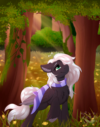 Size: 3000x3800 | Tagged: safe, artist:decemberbreeze, derpibooru import, oc, oc only, pegasus, pony, autumn, clothes, crepuscular rays, forest, freckles, nature, pegasus oc, scarf, solo, tree